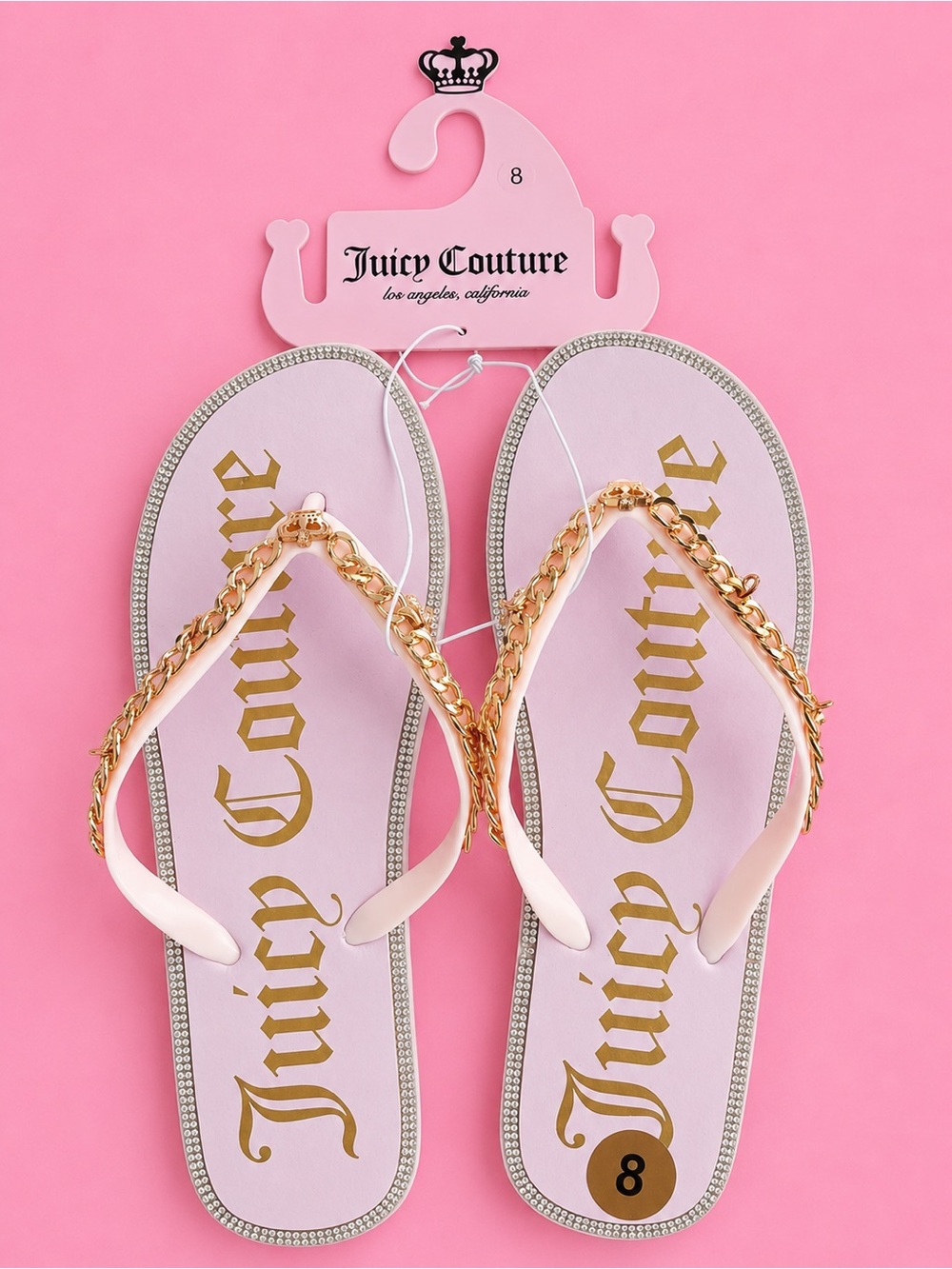 Juicy Couture Pink Flip Flops with Gold Chain Detail
